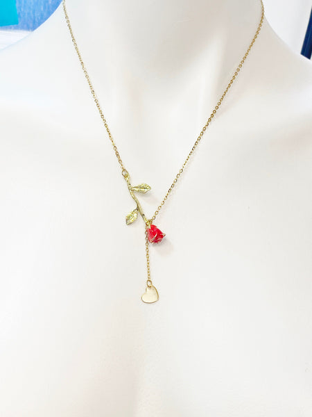 Gold Red Rose Flower and Heart Charm Necklace, N2705