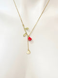 Gold Red Rose Flower and Heart Charm Necklace, N2705