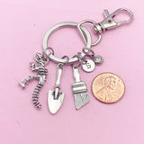 Archaeologists Keychain, Dinosaur Skeleton, Brush, Shovel, Personalized Customized Monogram Made to Order Jewelry, N5407A