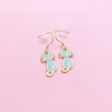 Gold Cute Blue Mint Cat Charm Earrings, N2999