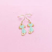 Gold Cute Blue Mint Cat Charm Earrings, N2999