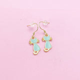 Gold Blue Enamel Cat Earrings, Stainless Steel Hooks