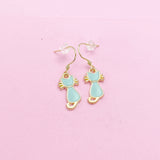 Gold Blue Enamel Cat Earrings, Stainless Steel Hooks