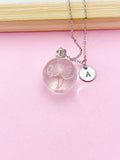 Dandelion Seed Terrarium Necklace, Personalized Initial, Pressed Flower Jewelry