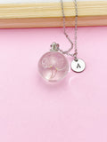Dandelion Seed Terrarium Necklace, Personalized Initial, Pressed Flower Jewelry