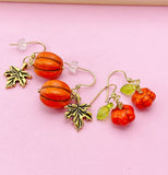 Orange Pumpkin Maple Leaf Earrings, Fall Autumn Gift, Halloween Earrings, N5080A