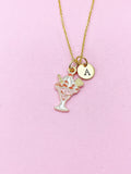 Gold Ice Cream Charm Necklace, Pink Strawberry Ice Cream Sunday Charm, N5716