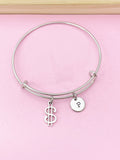 Silver Dollar Sign Charm Bracelet, Initial Charm, Stainless Steel Bangle