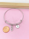 Silver Dollar Sign Charm Bracelet, Initial Charm, Stainless Steel Bangle