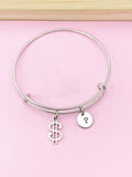 Silver Dollar Sign Charm Bracelet, Initial Charm, Stainless Steel Bangle