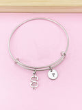 Silver Dollar Sign Charm Bracelet, Initial Charm, Stainless Steel Bangle