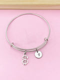 Silver Dollar Sign Charm Bracelet, Initial Charm, Stainless Steel Bangle