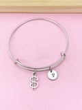 Silver Dollar Sign Charm Bracelet, Initial Charm, Stainless Steel Bangle