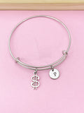 Silver Dollar Sign Charm Bracelet, Initial Charm, Stainless Steel Bangle
