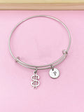Silver Dollar Sign Charm Bracelet, Initial Charm, Stainless Steel Bangle
