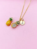 Gold Pineapple Charm Necklace, Yellow Green Pineapple Fruit Charm, N5719