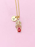 Gold Peacock Feather Charm Necklace, Red Peacock Feather Charm, N5728