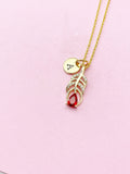 Gold Peacock Feather Charm Necklace, Red Peacock Feather Charm, N5728