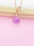 Rose Gold Real Press Purple flower Charm Necklace, N4526