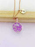 Rose Gold Real Press Purple flower Charm Necklace, N4526