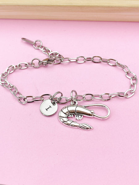 Silver Shrimp Charm Bracelet, Sea Food Animal Charm, Shrimp Jewelry Gift, N5748C