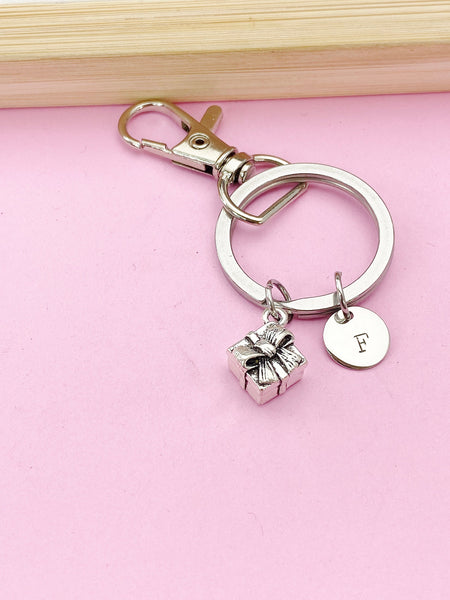 Silver Present Gift Box Charm Keychain, Present Gift Box Jewelry Gift, N5753D