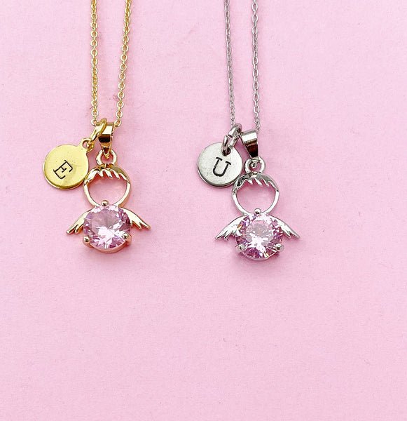 Silver or Gold Guardian Angel Charm Necklace, Pink, N2335D