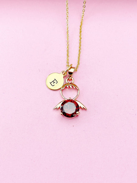 Gold Guardian Angel Charm Necklace, Red Garnet, N2335EE