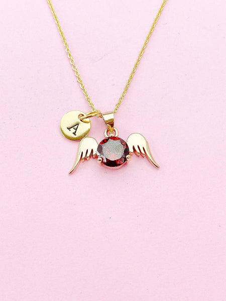 Gold Guardian Angel Wings Charm Necklace, Red, N5754D