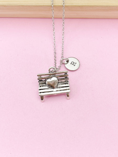 Silver Heart Park Bench Necklace, Heart sit on the Bench, Chair Charm, N2604