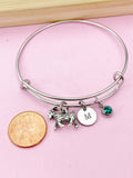 Silver Goat Charm Bangle Bracelet, Personalized Initial, Birthstone Crystal