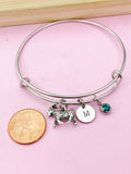 Silver Goat Charm Bangle Bracelet, Personalized Initial, Birthstone Crystal