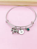 Silver Goat Charm Bangle Bracelet, Personalized Initial, Birthstone Crystal