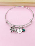 Silver Goat Charm Bangle Bracelet, Personalized Initial, Birthstone Crystal
