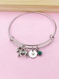 Silver Goat Charm Bangle Bracelet, Personalized Initial, Birthstone Crystal