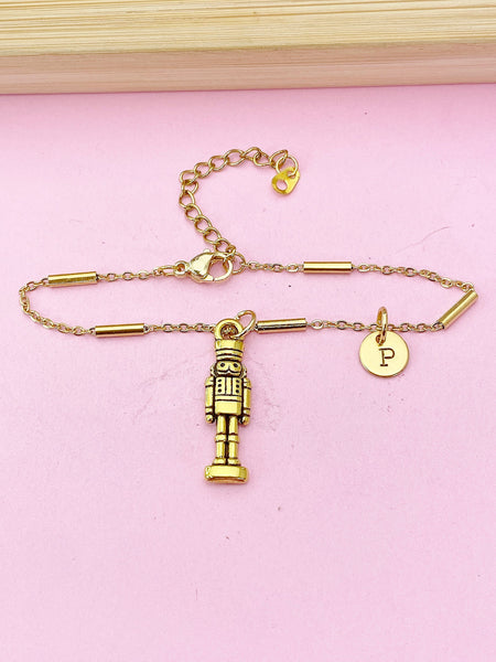 Gold Nutcracker Soldier Christmas Ballet Charm Bracelet, Silver Option, Personalized Customized Monogram, N2737A