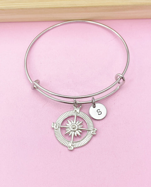 Silver Compass Charm Bracelet, Compass Jewelry Gifts, Personalized Customized Gifts, N1123F