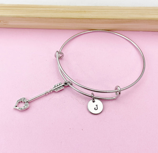 Silver Guardian Angel Wing Charm Bracelet, Arrow Wing Heart Charm, Personalized Gift, N1277