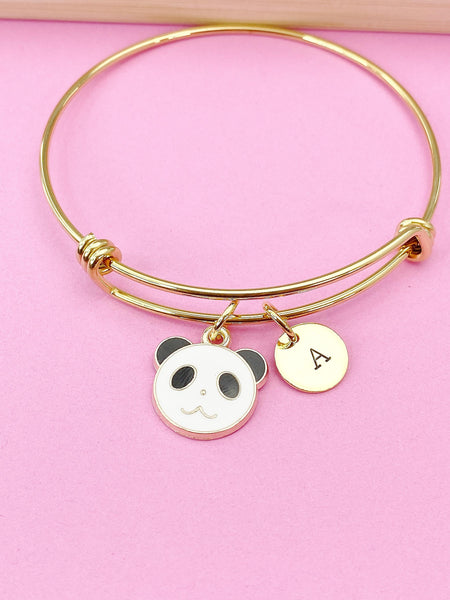 Gold Cute Panda Charm Bracelet Bangle, Personized Initial Bracelet, N4941