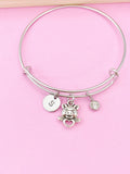 Silver Pig Charm Bangle, Initial, Birthstone, Stainless Steel