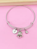Silver Pig Charm Bangle, Initial, Birthstone, Stainless Steel