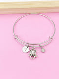 Silver Pig Charm Bangle, Initial, Birthstone, Stainless Steel