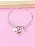 Silver Pig Charm Bangle, Initial, Birthstone, Stainless Steel