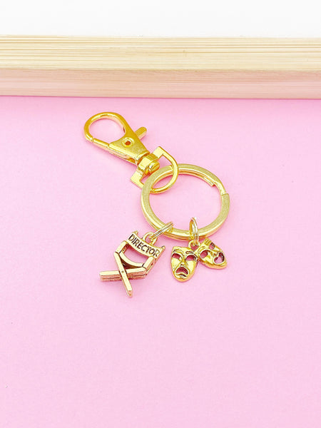 Gold Director Chair Drama Mask Charm Keychain, Theater Director Charm, Comedy Tragedy Charm, Drama Charm, Actor Theater Arts Gifts, N4929E