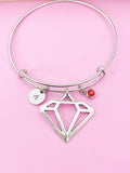 Diamond Charm Bangle Bracelet, Personalized Initial, Birthstone, Silver Tone