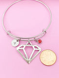 Diamond Charm Bangle Bracelet, Personalized Initial, Birthstone, Silver Tone