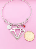 Diamond Charm Bangle Bracelet, Personalized Initial, Birthstone, Silver Tone