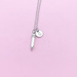 Silver Pencil Charm Necklace, Personalized Initial, Teacher Gift