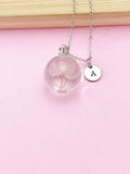 Dandelion Seed Terrarium Necklace, Personalized Initial, Pressed Flower Jewelry