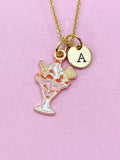 Gold Ice Cream Charm Necklace, Pink Strawberry Ice Cream Sunday Charm, N5716